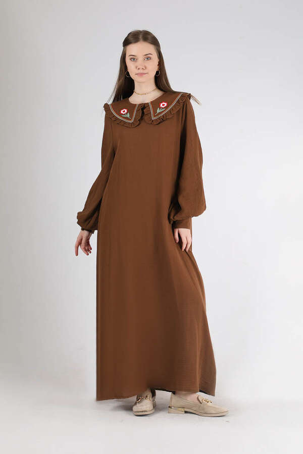 Fırfırlı Bebe Yaka Elbise Kahve - 3