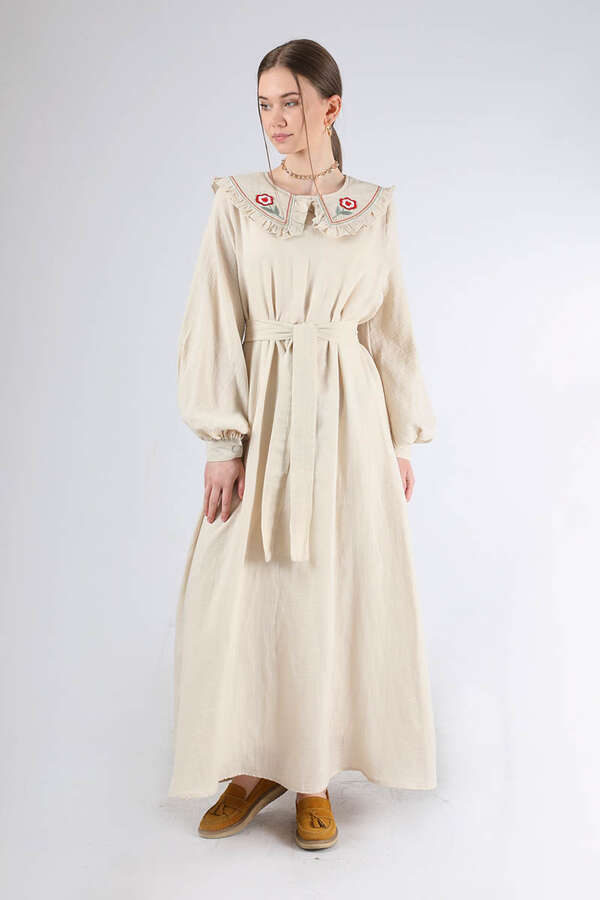 Fırfırlı Bebe Yaka Elbise Krem - 3