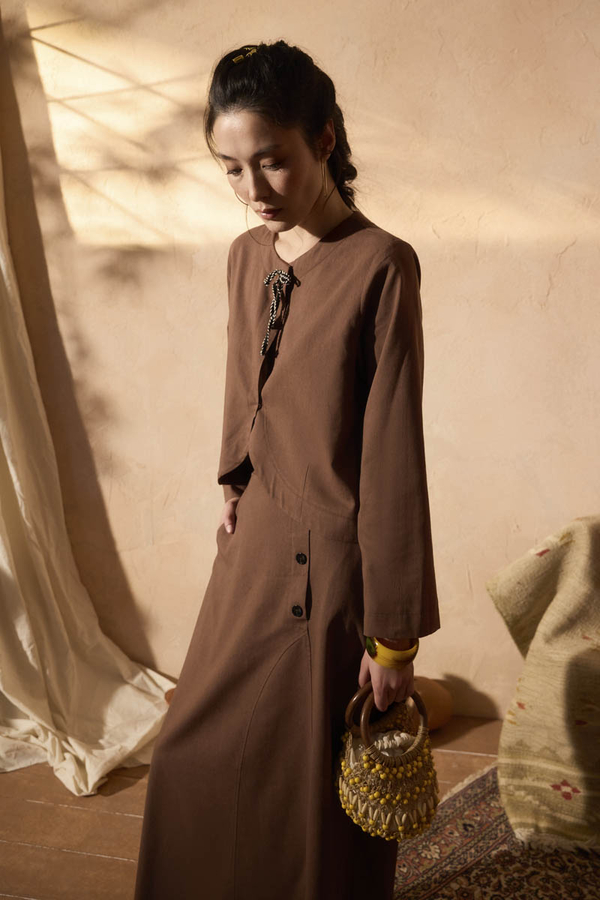 Fiyonklu Sayina Etek Takım Kahverengi - 3