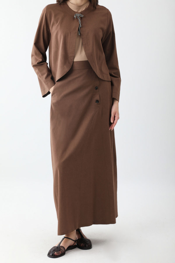 Fiyonklu Sayina Etek Takım Kahverengi - 7