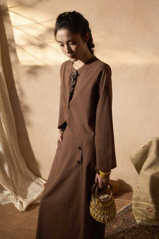 Fiyonklu Sayina Etek Takım Kahverengi - 3