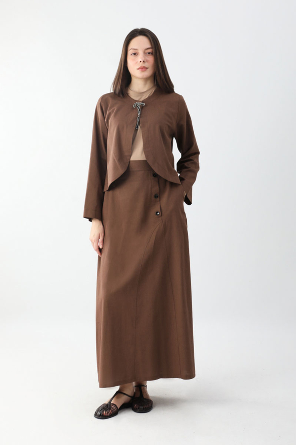 Fiyonklu Sayina Etek Takım Kahverengi - 4