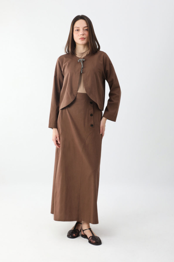 Fiyonklu Sayina Etek Takım Kahverengi - 5