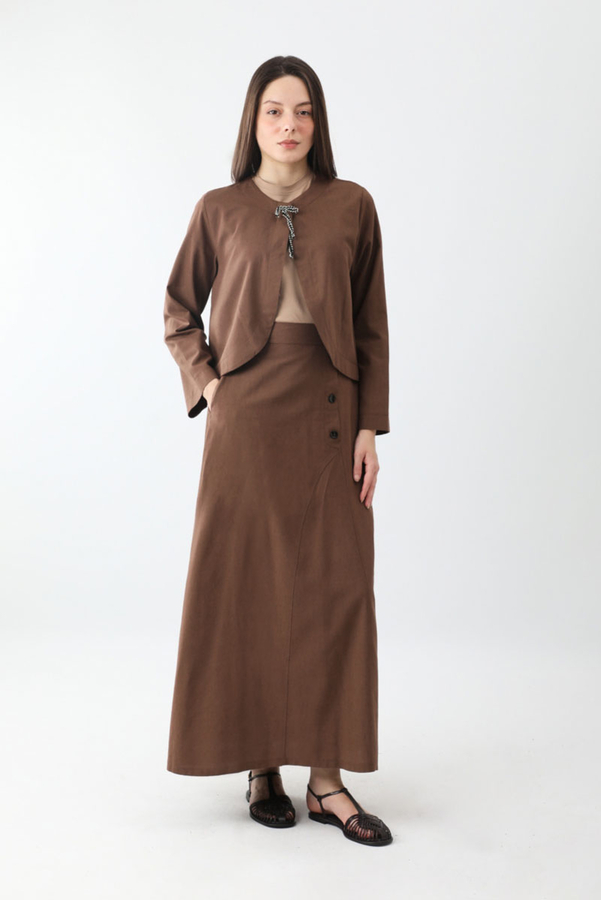 Fiyonklu Sayina Etek Takım Kahverengi - 6