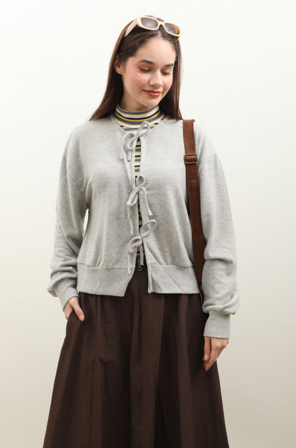 Fiyonklu Triko Hırka Gri - 1