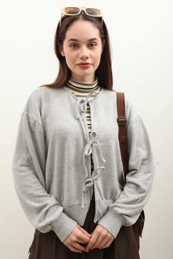 Fiyonklu Triko Hırka Gri - 4