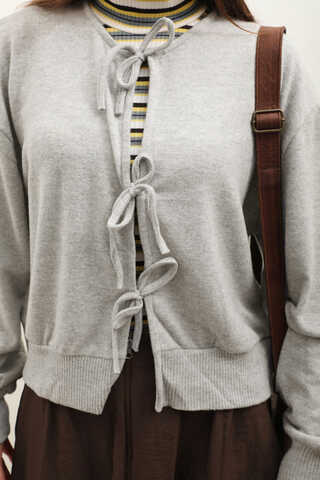 Fiyonklu Triko Hırka Gri - 5