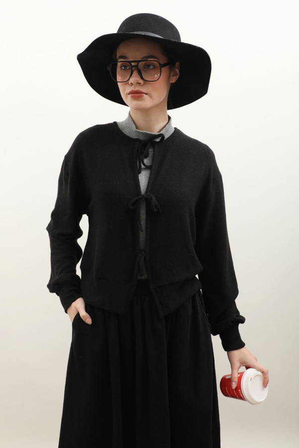 Fiyonklu Triko Hırka Siyah - 2