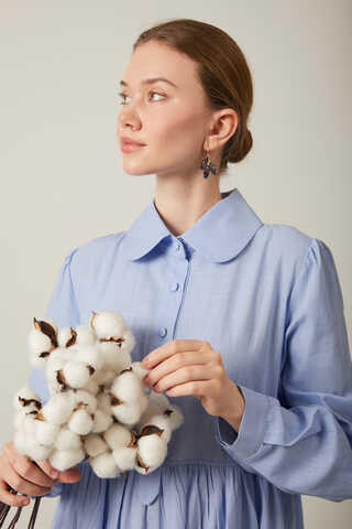 Flamlı Pamuk Elbise Bebe Mavisi - 4