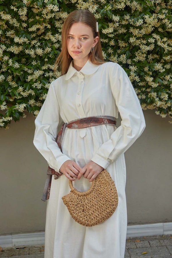 Flamlı Pamuk Elbise Beyaz - 6