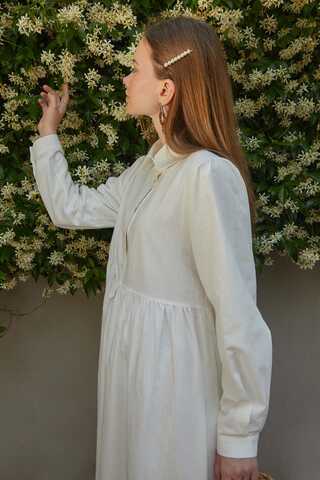Flamlı Pamuk Elbise Beyaz - 9