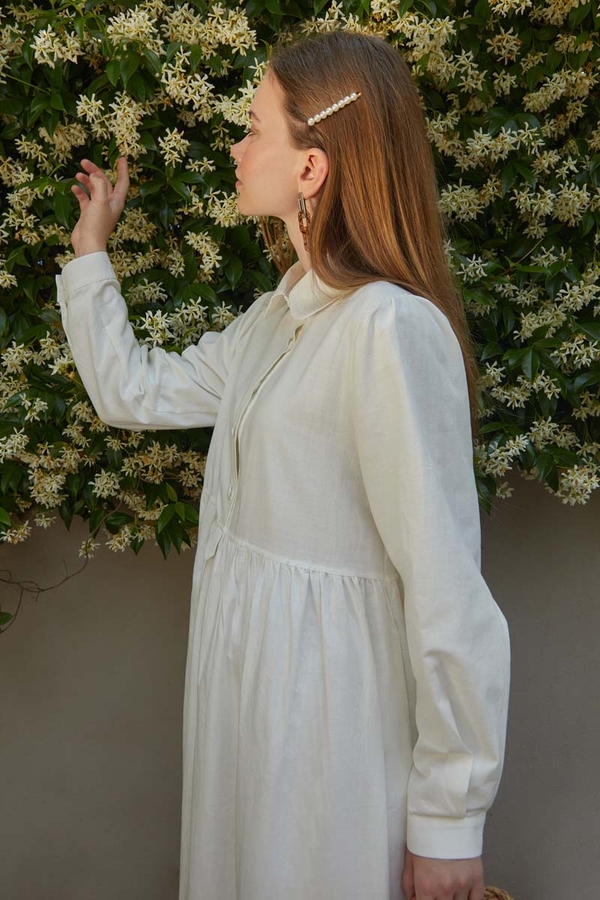 Flamlı Pamuk Elbise Beyaz - 9
