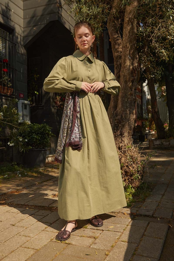 Flamlı Pamuk Elbise Haki - 7