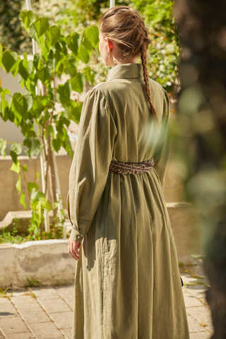 Flamlı Pamuk Elbise Haki - 9