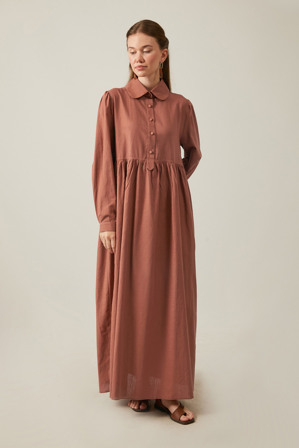 Flamlı Pamuk Elbise Kiremit - 8