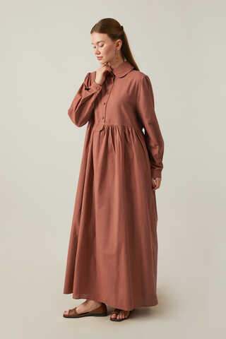 Flamlı Pamuk Elbise Kiremit - 12