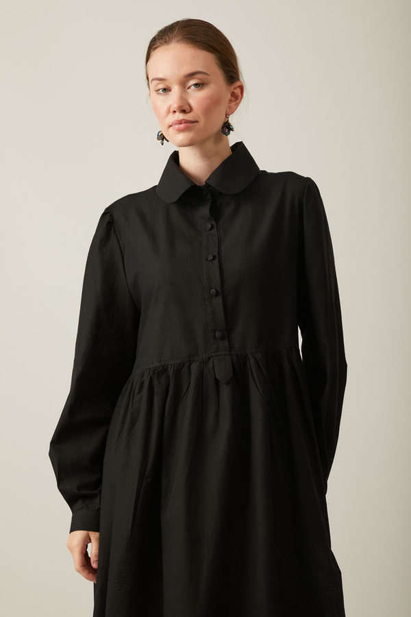 Flamlı Pamuk Elbise Siyah - 9