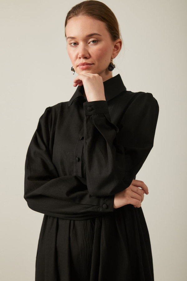 Flamlı Pamuk Elbise Siyah - 11