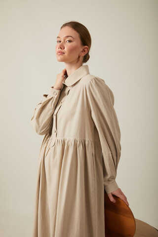 Flamlı Pamuk Elbise Taş - 9