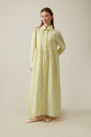 Flamlı Pamuk Elbise Tereyağı Sarısı - 7