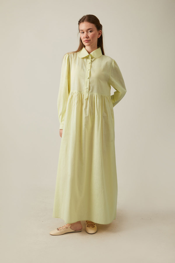 Flamlı Pamuk Elbise Tereyağı Sarısı - 7