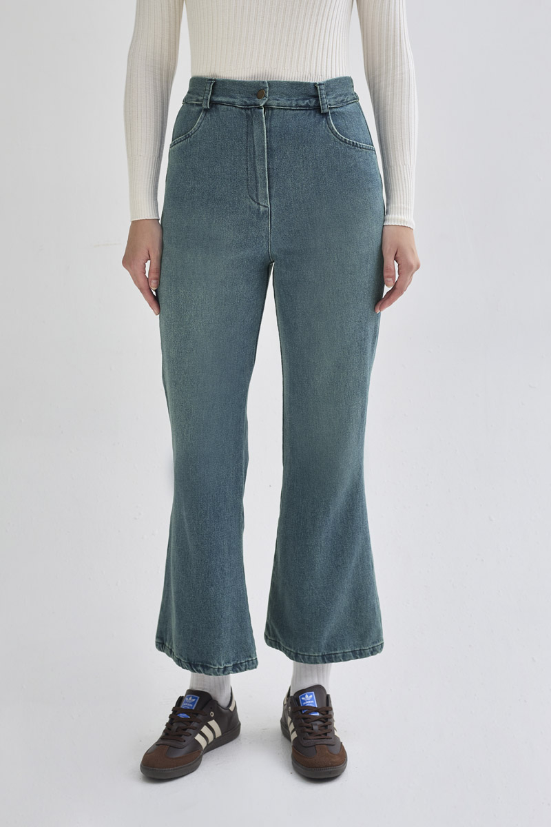 Flared Denim Pants Green Tint