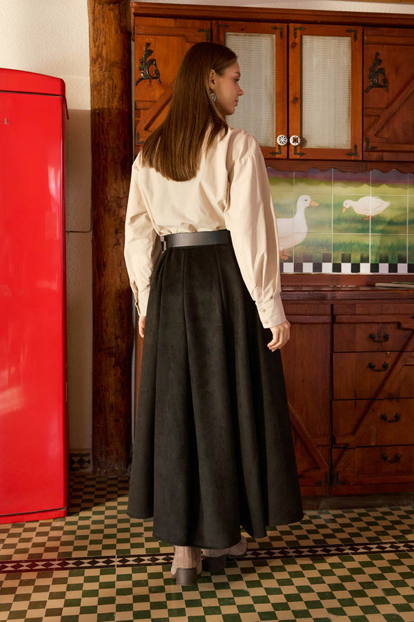 Flared Suede Skirt Black - 7