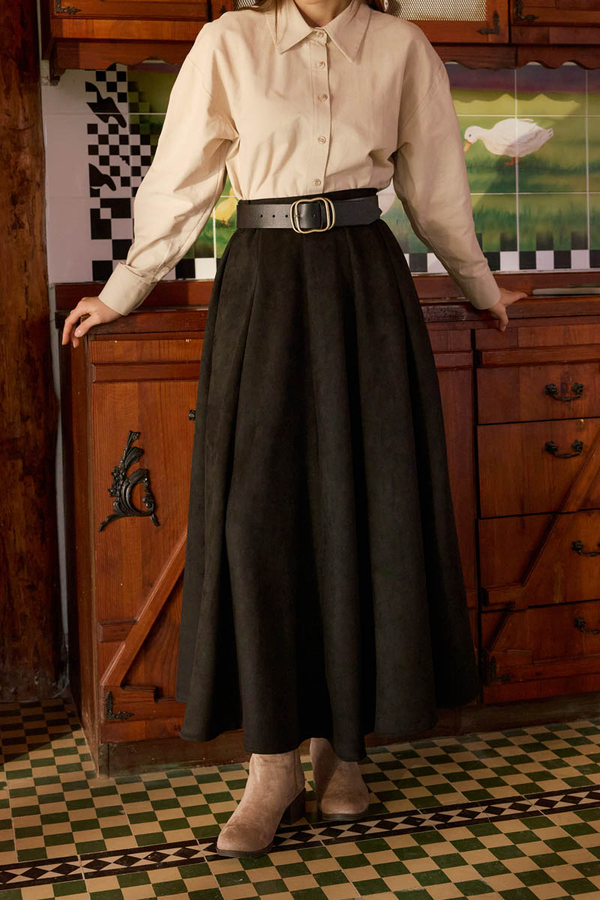 Flared Suede Skirt Black - 3