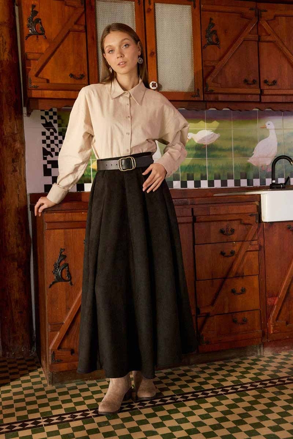 Flared Suede Skirt Black - 4