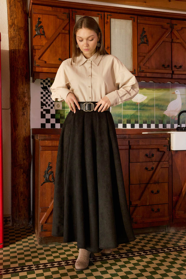 Flared Suede Skirt Black - 6