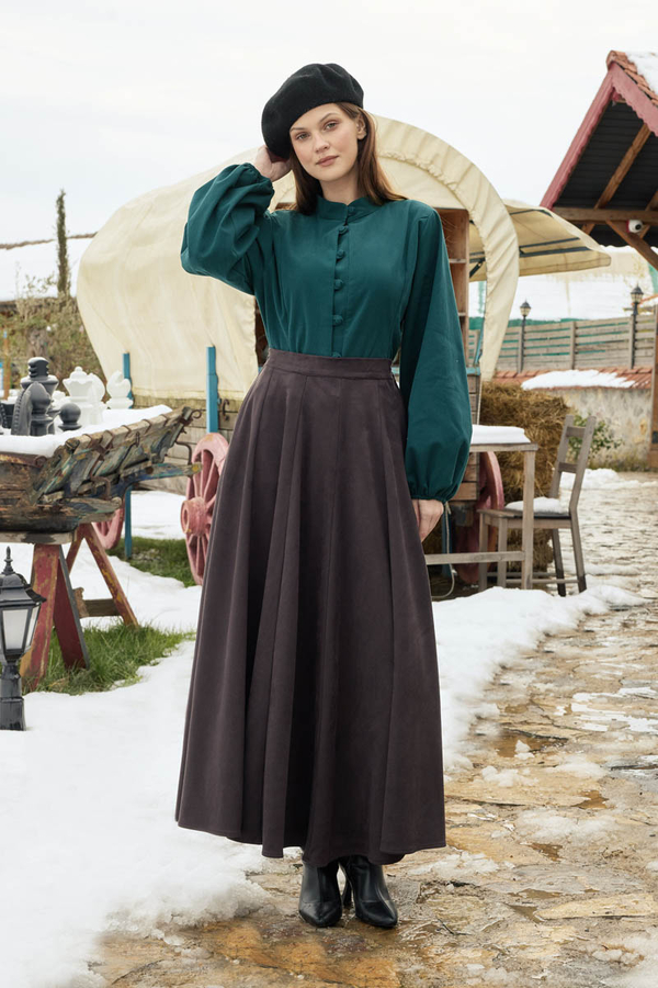 Flared Suede Skirt Dark Coffee - 4