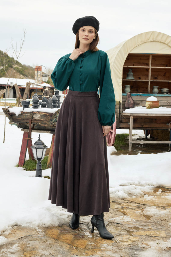 Flared Suede Skirt Dark Coffee - 6