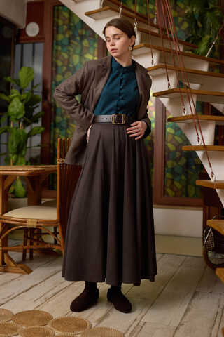Flared Suede Skirt Dark Coffee - 1