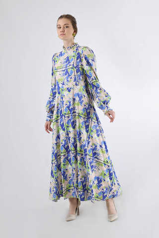 Flora Patterned Floral Dress Sax - 1