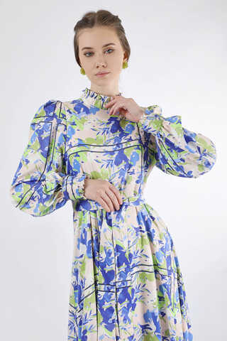 Flora Patterned Floral Dress Sax - 2