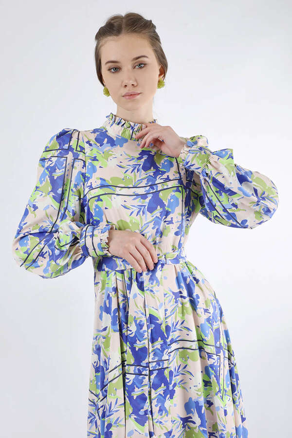 Flora Patterned Floral Dress Sax - 2
