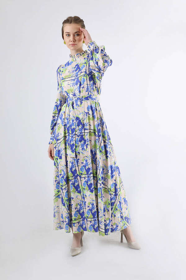 Flora Patterned Floral Dress Sax - 3