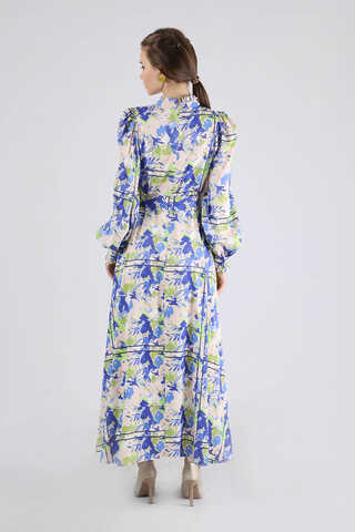 Flora Patterned Floral Dress Sax - 5