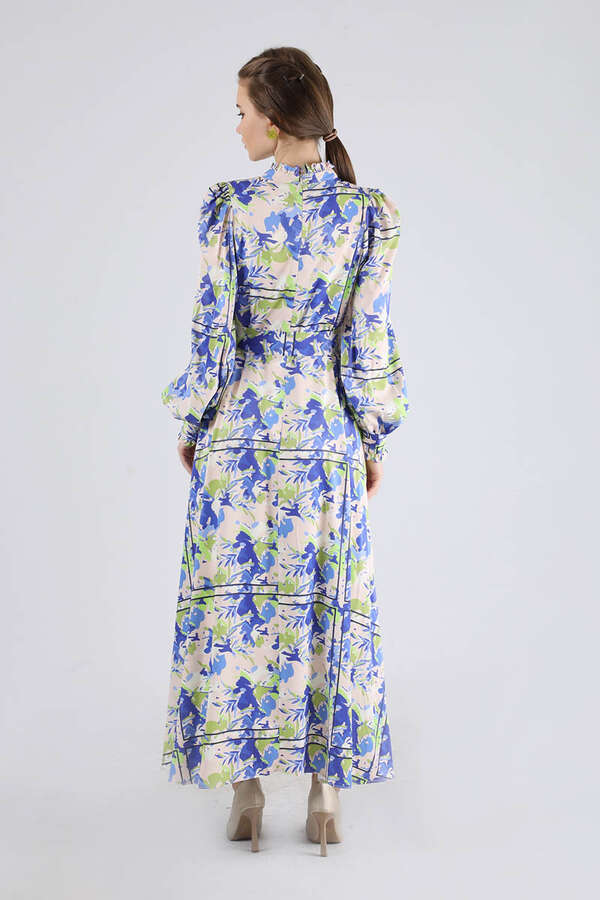 Flora Patterned Floral Dress Sax - 5