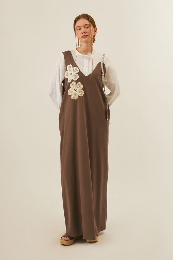 Floral Lace Detailed Sleeveless Dress Brown - 3
