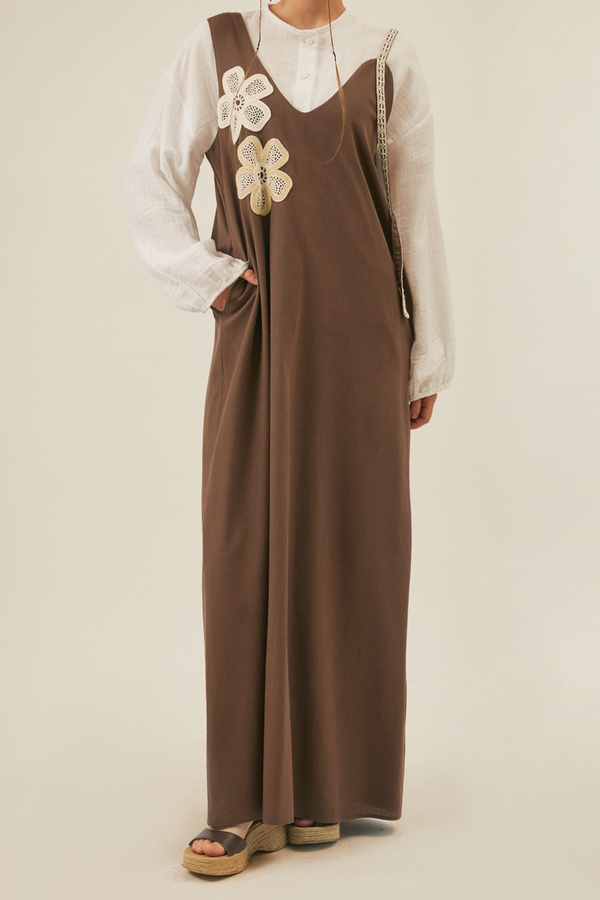 Floral Lace Detailed Sleeveless Dress Brown - 7