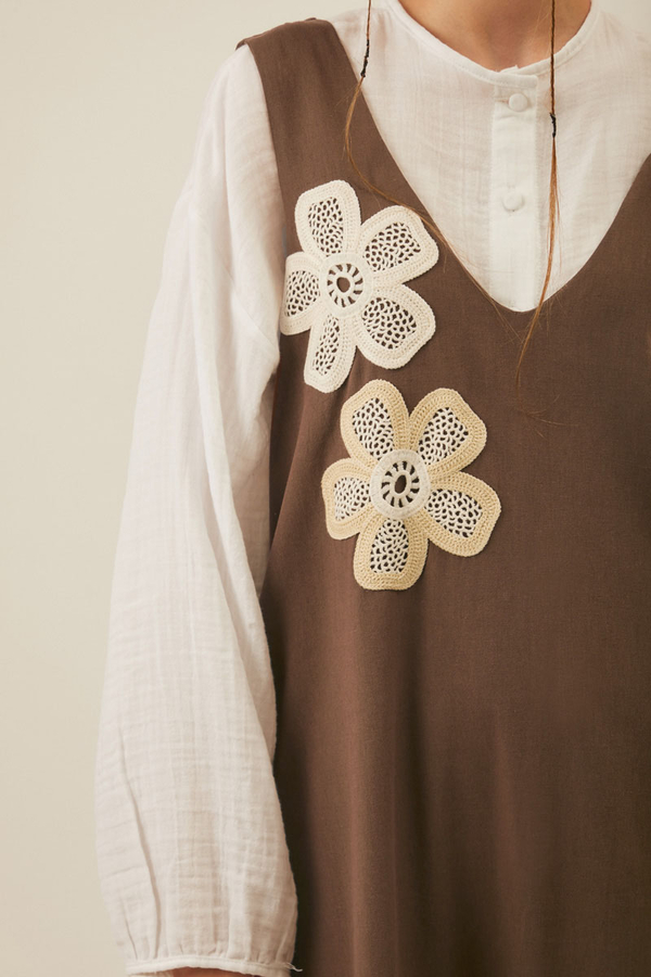 Floral Lace Detailed Sleeveless Dress Brown - 9