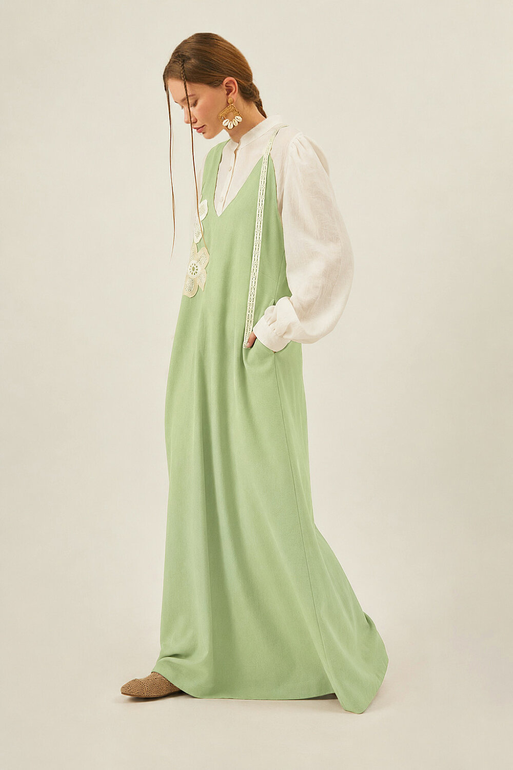 Floral Lace Detailed Sleeveless Dress Light Green 