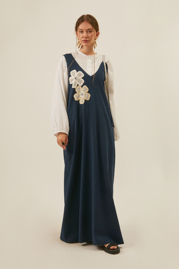 Floral Lace Detailed Sleeveless Dress Navy Blue - 2