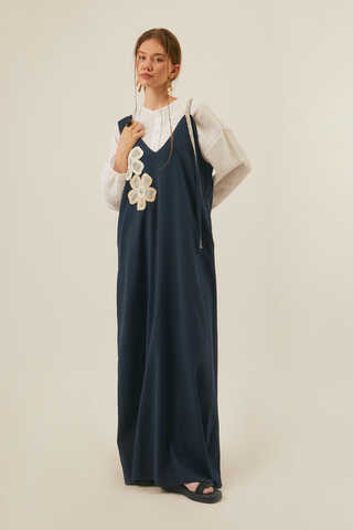 Floral Lace Detailed Sleeveless Dress Navy Blue - 4