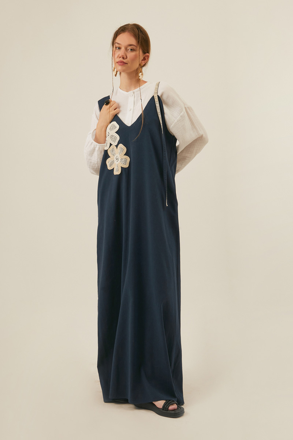 Floral Lace Detailed Sleeveless Dress Navy Blue - 4