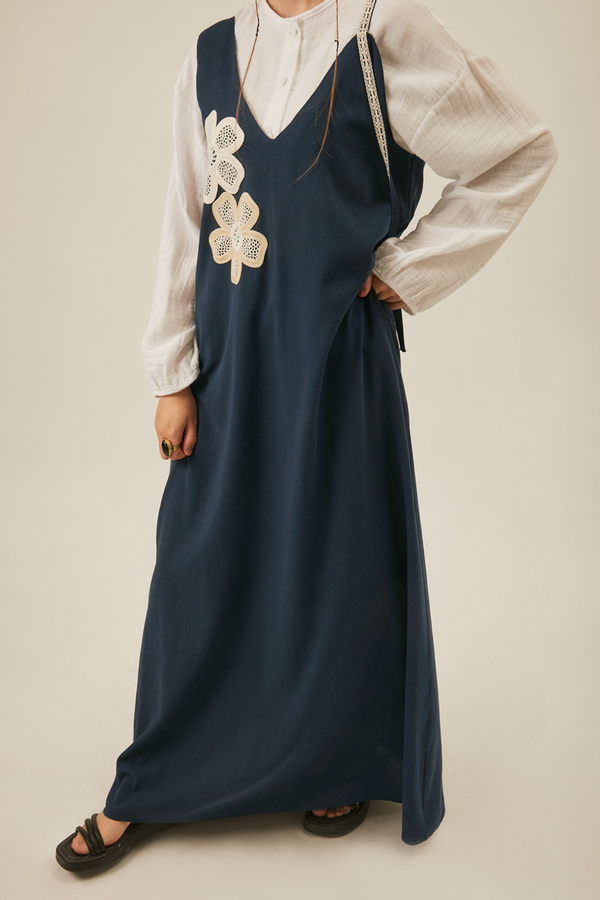 Floral Lace Detailed Sleeveless Dress Navy Blue - 6