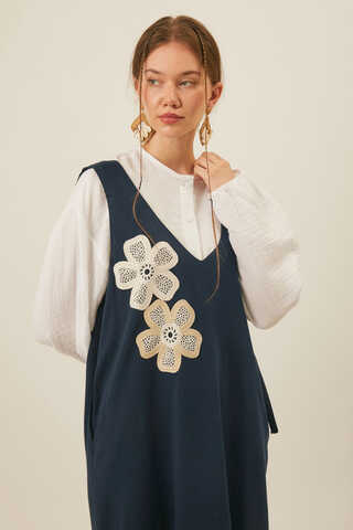 Floral Lace Detailed Sleeveless Dress Navy Blue - 1