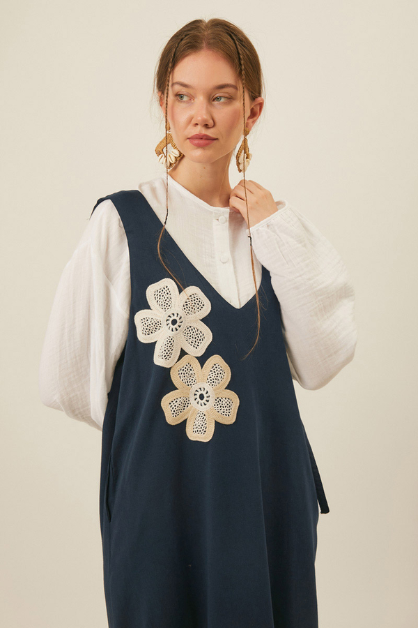 Floral Lace Detailed Sleeveless Dress Navy Blue - 1