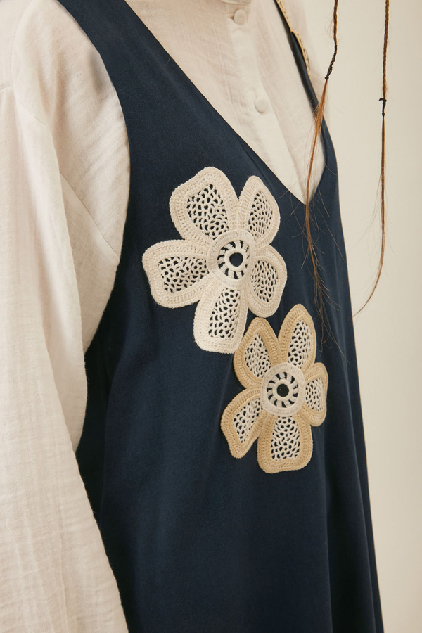 Floral Lace Detailed Sleeveless Dress Navy Blue - 7